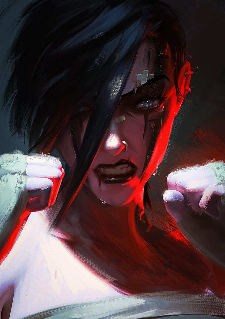 1girl, arcane:_league_of_legends, arcane_vi, bandages, black_hair, black_lips, blue_eyes, face_tattoo