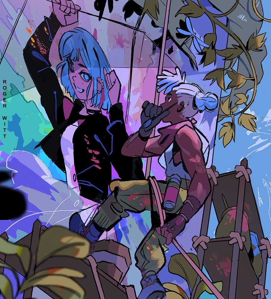 1boy, 1girl, arcane:_league_of_legends, arcane_ekko, black_jacket, blue_eyes, blue_hair, dragonfly, ekko_(league_of_legends), painting_(action), plant, powder_(arcane), rogerwitt, vines, white_hair