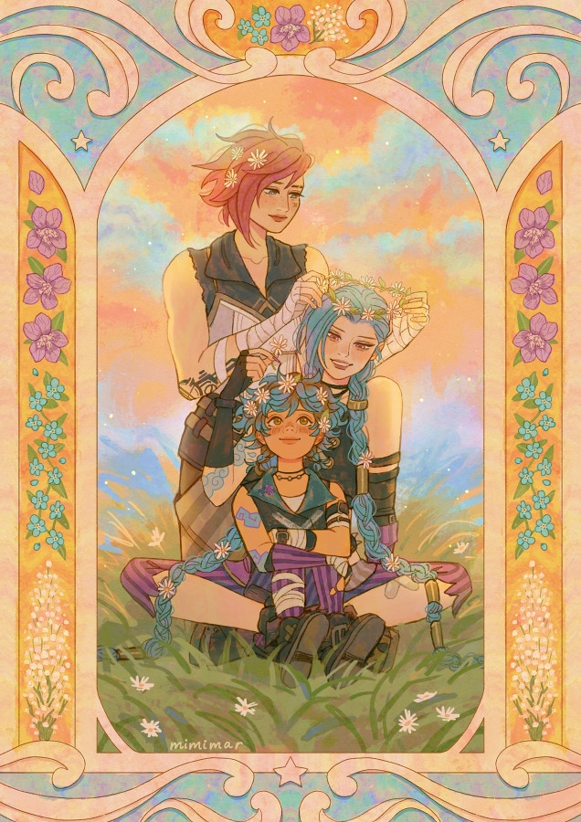 3girls, arcane:_league_of_legends, blue_eyes, blue_hair, border, braid, brown_eyes, child