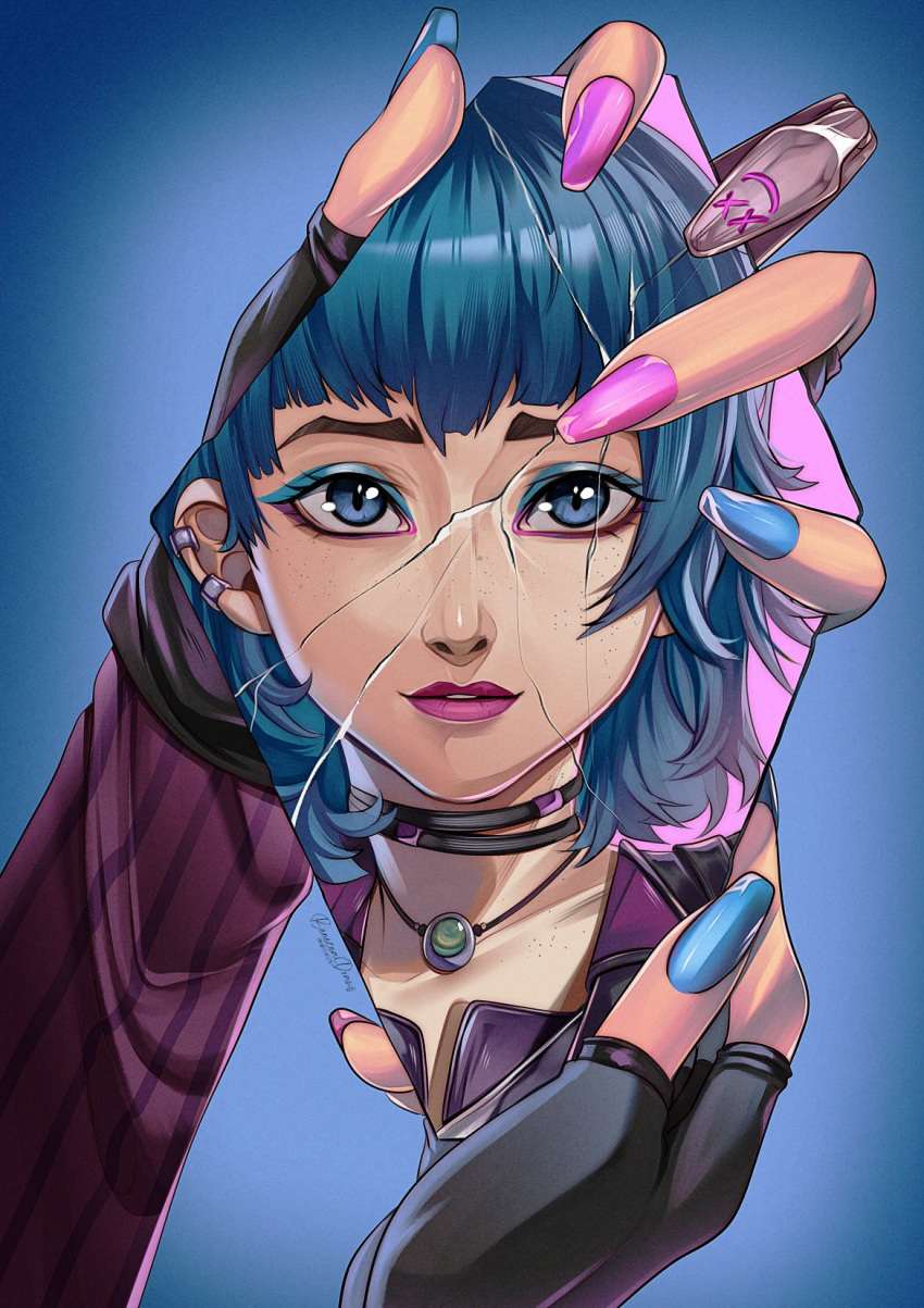 1girl, arcane:_league_of_legends, arcane_jinx, beneceadraws, blue_background, blue_eyes, blue_hair, broken_glass