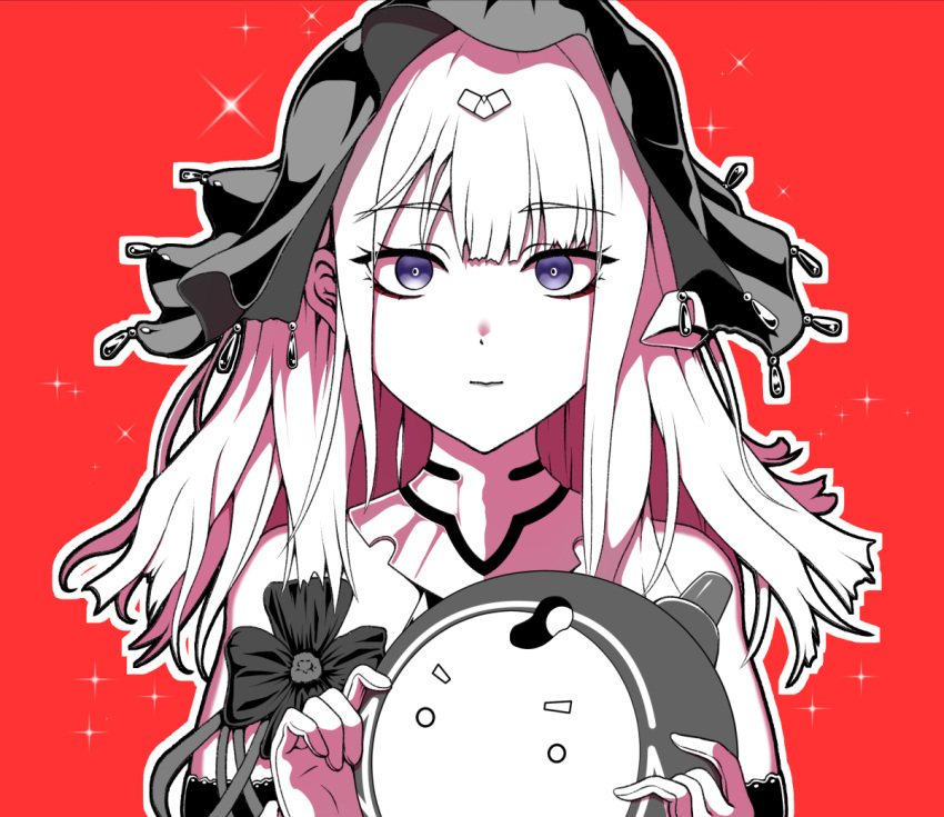 1girl, black_veil, blue_eyes, closed_mouth, commentary_request, girls_frontline, goliath_(girls'_frontline), holding