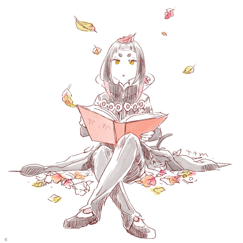 1boy, black_hair, black_pants, book, chisha_gold, gradient_hair, highres, holding