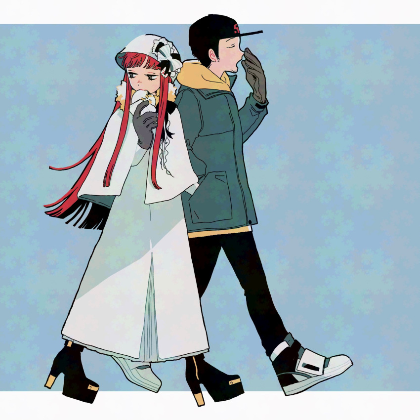 1boy, 1girl, alternate_costume, baozi, baseball_cap, black_bow, black_footwear, black_hair