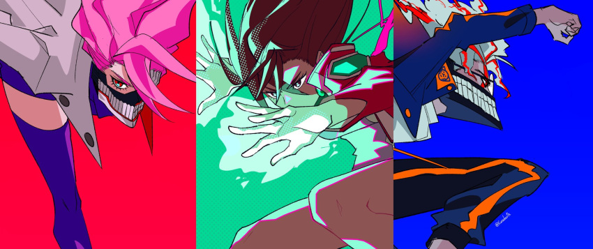 1boy, 2girls, acrobatic_silky_(dandadan), alternate_form, ayase_momo, blue_background, brown_hair, dandadan