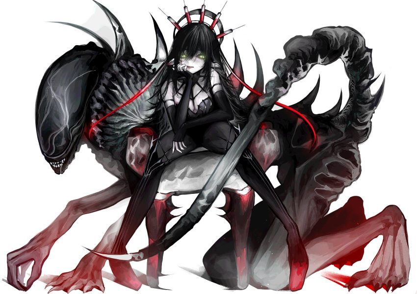 1girl, 1other, alien, alien_(series), ayane_asamura, black_footwear, black_gloves, black_hair