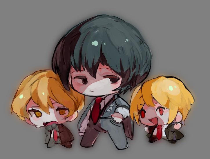 1girl, 2boys, arms_up, black_coat, black_eyes, black_gloves, black_hair, black_pants