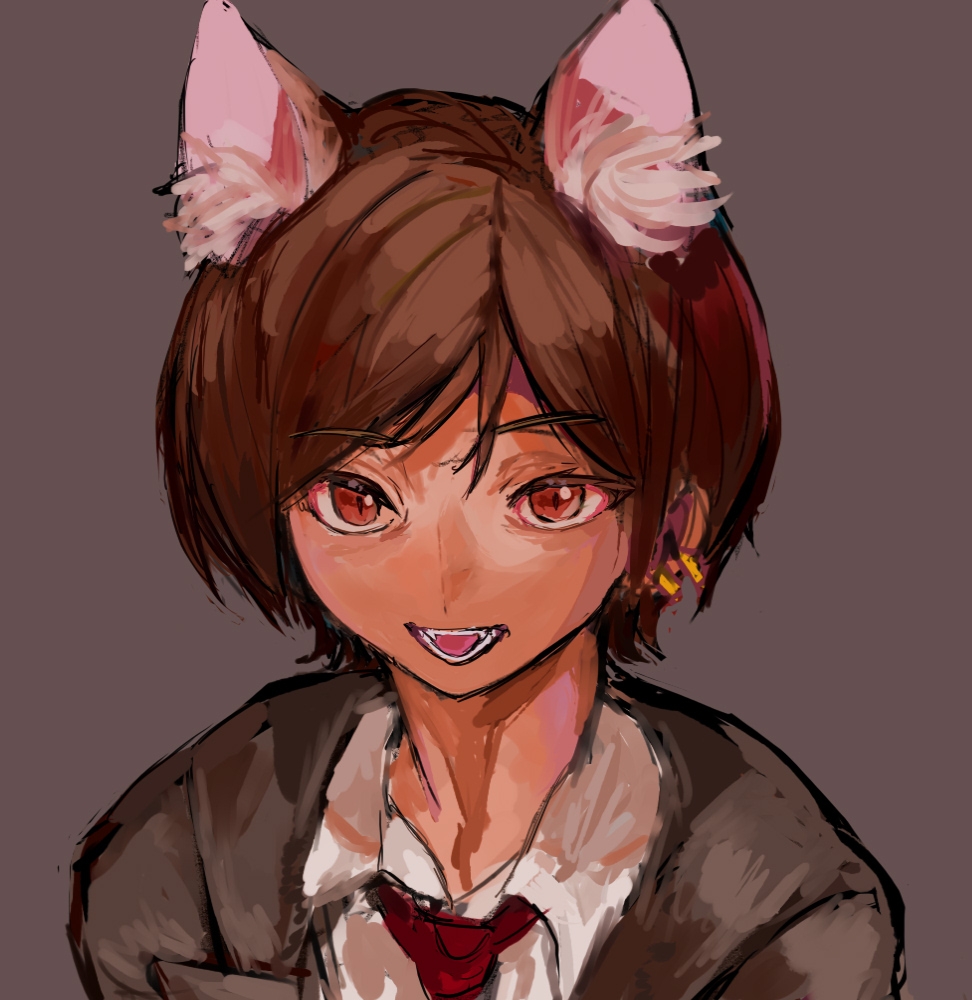 1girl, animal_ears, brown_eyes, brown_hair, cat_ears, collared_shirt, dark-skinned_female, dark_skin