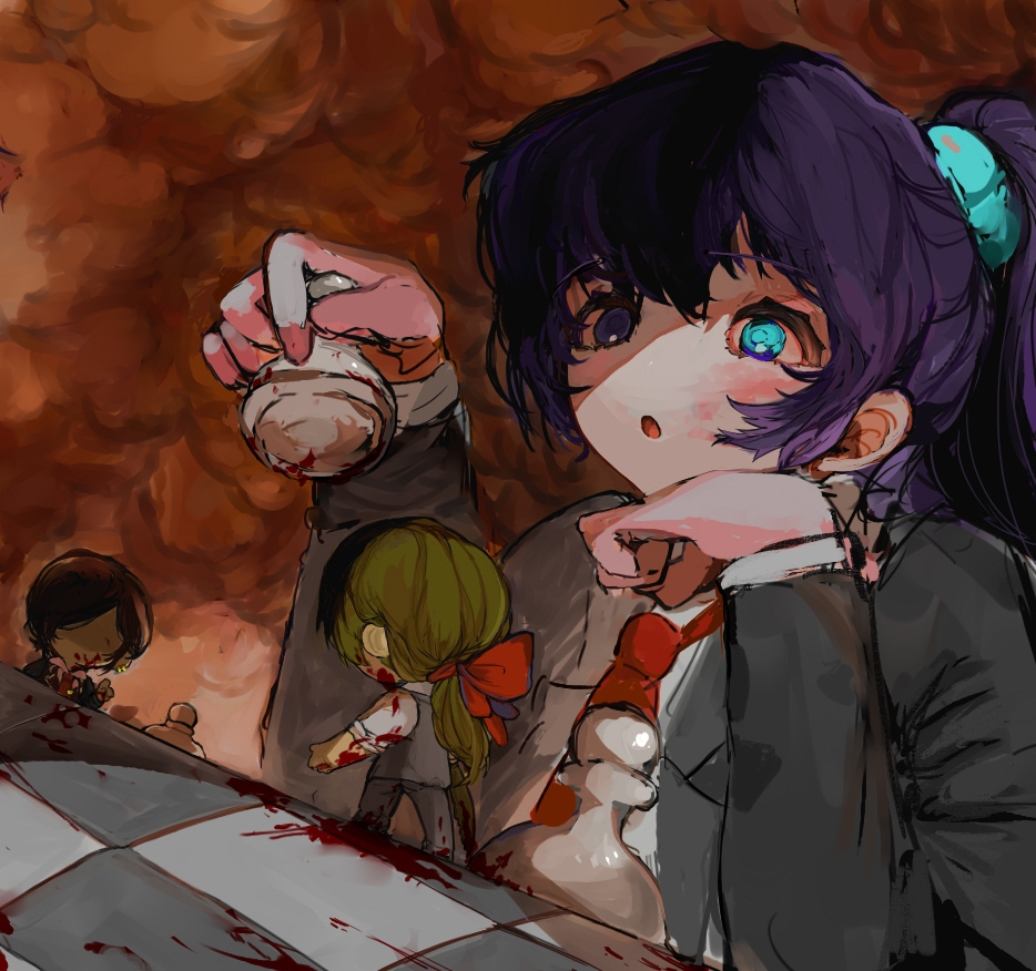 1girl, 2boys, black_coat, blood, blue_eyes, blue_hair, bow, chess_piece