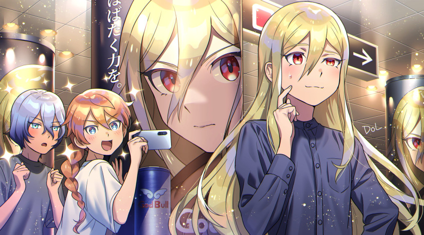 3boys, ad, afuro_terumi, androgynous, aqua_eyes, bishounen, black_shirt, blonde_hair, blue_eyes, blue_hair, blue_shirt, blush, braid, cellphone, dolustoy, energy_drink, hadeno_tetsu, heruse_arisu, highres, inazuma_eleven_(series), inazuma_eleven_ares_no_tenbin, long_hair, male_focus, multiple_boys, open_mouth, orange_hair, phone, poster_(object), red_eyes, shirt, single_braid, smartphone, sparkle, sweatdrop, taking_picture, tiles, upper_body, white_shirt