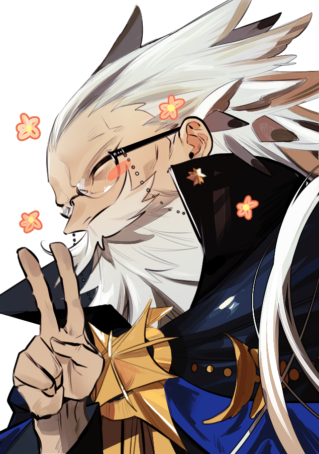 1boy, beard, blush_stickers, cloak, closed_eyes, comiket_104, facial_hair, fate/grand_order, fate_(series), glasses, grey_hair, high_collar, male_focus, mustache, ptolemy_(fate), ptolemy_(third_ascension)_(fate), tandem, v, white_background