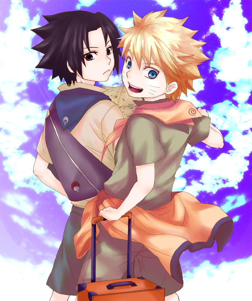 2boys, alternate_costume, black_eyes, black_hair, blonde_hair, blue_eyes, boy, clouds, duo, jinchuuriki, male, naruto, scout, short_hair, shorts, sky, smile, spiky_hair, uchiha_sasuke, uzumaki_naruto