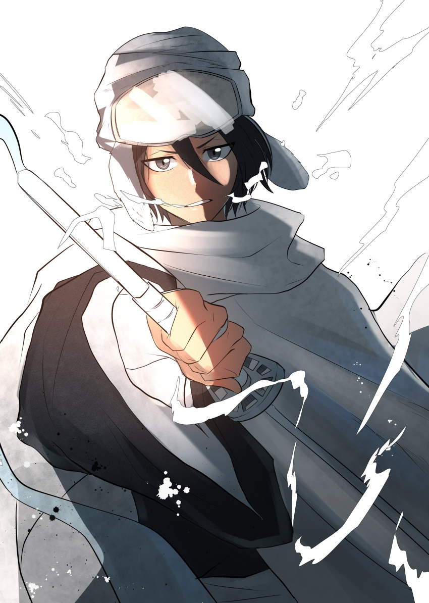 1girl, absurdres, black_hair, black_kimono, bleach, bleach:_sennen_kessen-hen, breath, cloak, dutch_angle, fur_hat, goggles, goggles_on_head, hair_between_eyes, hat, highres, holding, holding_sword, holding_weapon, japanese_clothes, kimono, kuchiki_rukia, looking_at_viewer, parted_lips, shihakusho, sode_no_shirayuki_(shikai), solo, sword, thatamaan, turban, upper_body, ushanka, v-shaped_eyebrows, violet_eyes, weapon, white_cloak, wide_sleeves, zanpakutou