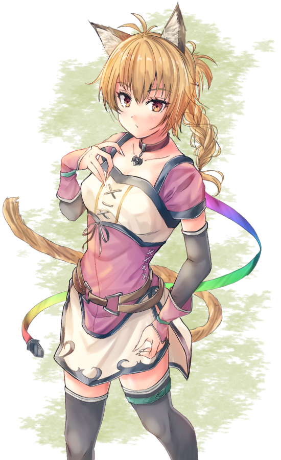 1girl, alternate_eye_color, animal_ears, belt, braid, cat_ears, cat_girl, cat_tail, closed_mouth, collar, elbow_gloves, fire_emblem, fire_emblem:_radiant_dawn, fuussu_(21-kazin), gloves, laguz_(fire_emblem), looking_at_viewer, lyre_(fire_emblem), messy_hair, orange_eyes, orange_hair, orange_tail, pink_collar, rainbow_ribbon, skirt, solo, tail, thigh_belt, thigh_strap, zettai_ryouiki