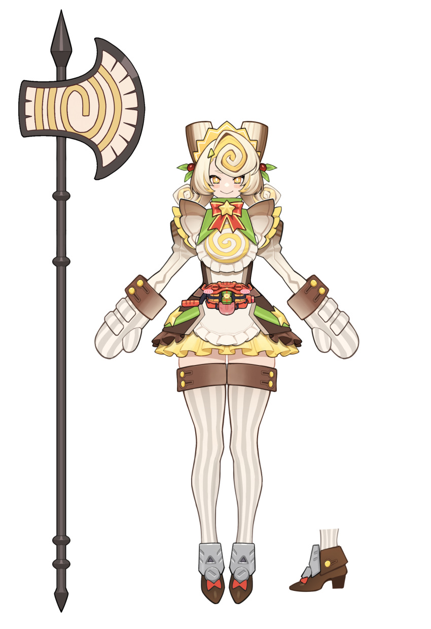 1girl, absurdres, axe, battle_axe, belt, bushuel, cake, dress