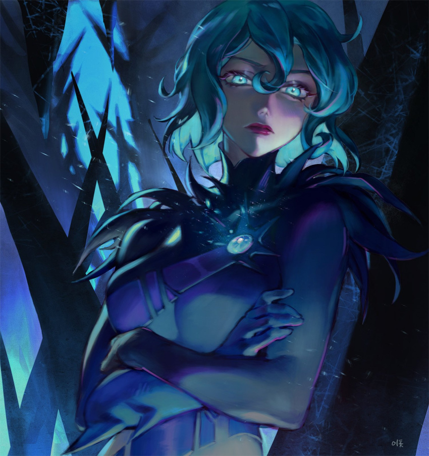 blue_eyes, blue_gemstone, blue_hair, bodysuit, breasts, cassandra_(tangled), chest_jewel, crossed_arms