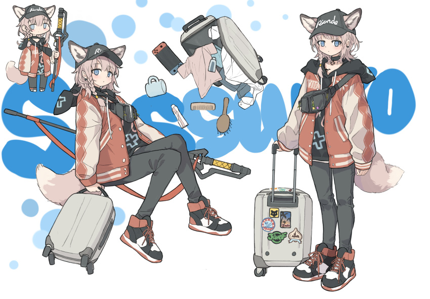1girl, absurdres, animal_ears, arknights, black_choker, black_footwear, black_hat, black_pants, blue_eyes, braid, character_name, chinese_commentary, choker, closed_mouth, clothes_writing, coffee_mug, comb, commentary_request, cross, cup, dcy11011, ears_through_headwear, expressionless, greek_cross, handheld_game_console, hat, highres, holding, hood, hood_down, hooded_jacket, jacket, long_sleeves, looking_at_viewer, material_growth, medium_hair, mug, multiple_views, nintendo_switch, official_alternate_costume, open_clothes, open_jacket, orange_jacket, oripathy_lesion_(arknights), pants, partial_commentary, peaked_cap, pink_hair, pink_tail, puffy_long_sleeves, puffy_sleeves, rolling_suitcase, shoes, side_braid, single_braid, sleeves_past_wrists, sneakers, standing, suitcase, sussurro_(arknights), sussurro_(travel_freely)_(arknights), tail, white_background