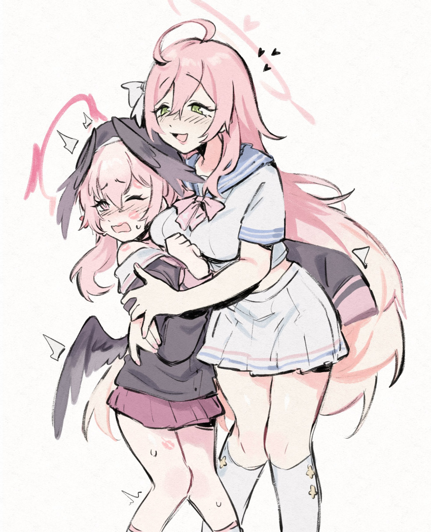 2girls, absurdres, after_kiss, ahoge, arm_behind_another's_back, black_wings, blue_archive, blue_sailor_collar