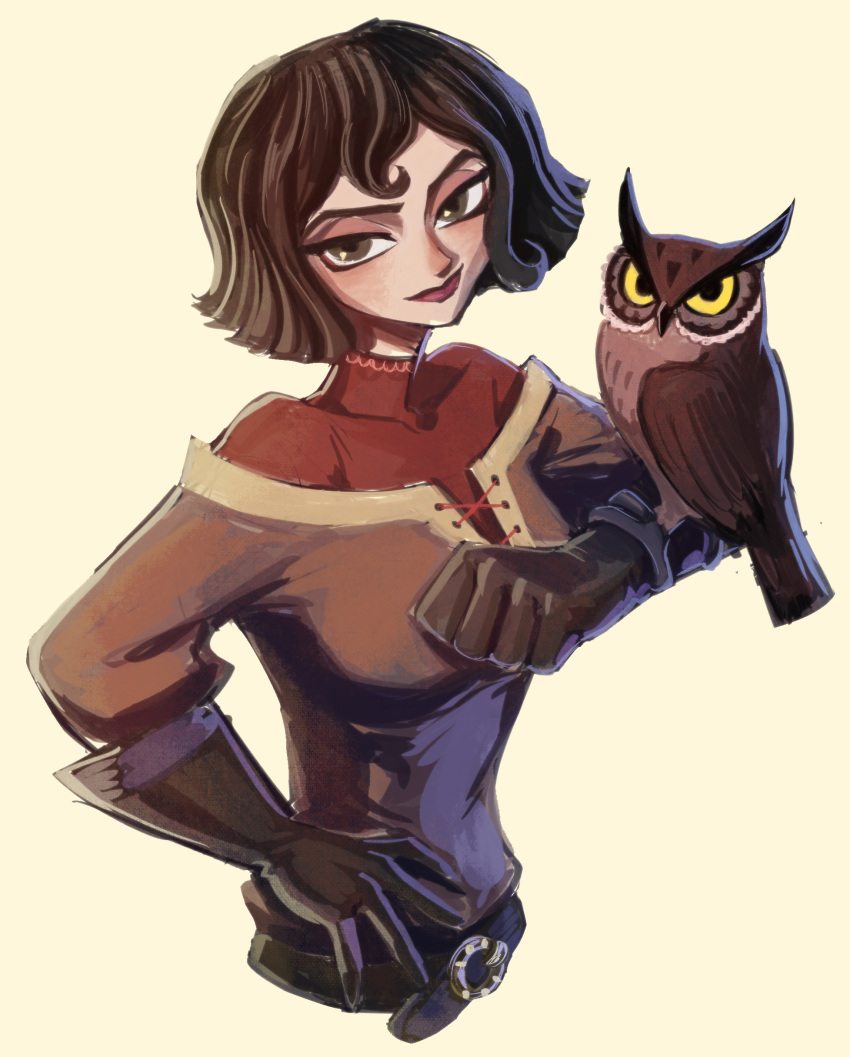 1girl, 266notre, absurdres, animal, belt, bird, black_hair, breasts, brown_shirt, cassandra_(tangled), gloves, green_eyes, hair_between_eyes, half-closed_eyes, hand_on_own_hip, highres, medium_breasts, off-shoulder_shirt, off_shoulder, owl, red_lips, red_shirt, shirt, shirt_under_shirt, short_hair, smile, tangled, tangled:_the_series, turtleneck, upper_body