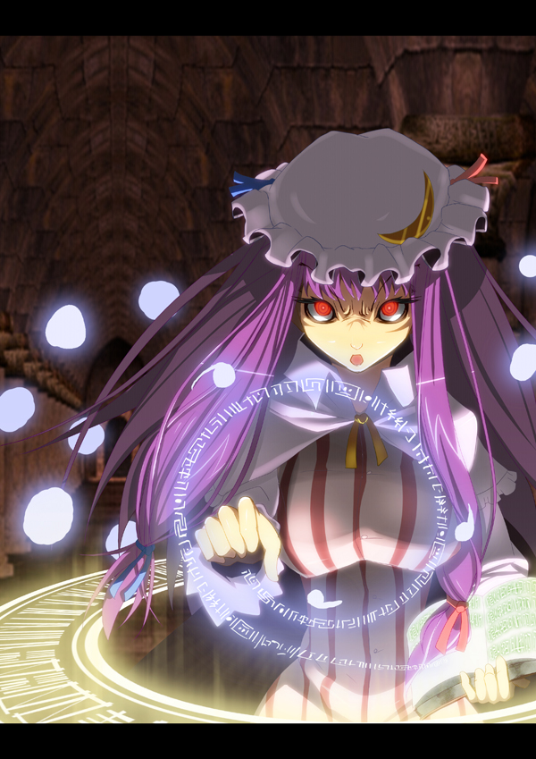 angry, book, crescent, crescent_moon, hat, kurosu_masaru, long_hair, magic_circle