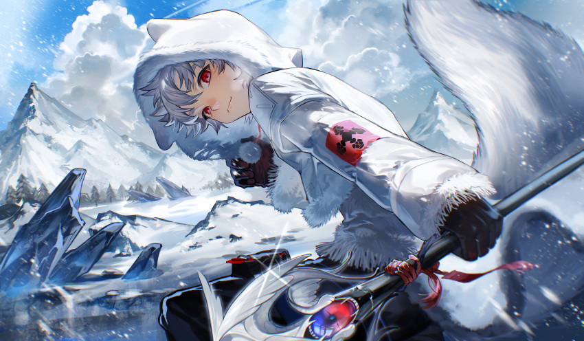 1boy, absurdres, arknights, black_gloves, breath, closed_mouth, commentary_request, day, dongju_azuma, gloves, grey_hair, highres, holding, hood, hood_up, hooded_jacket, jacket, light_smile, long_sleeves, looking_at_viewer, male_focus, mountain, outdoors, partial_commentary, pom_pom_(clothes), qanipalaat_(arknights), red_eyes, short_hair, snow, snowing, solo, sparkle, tail, white_jacket, white_tail