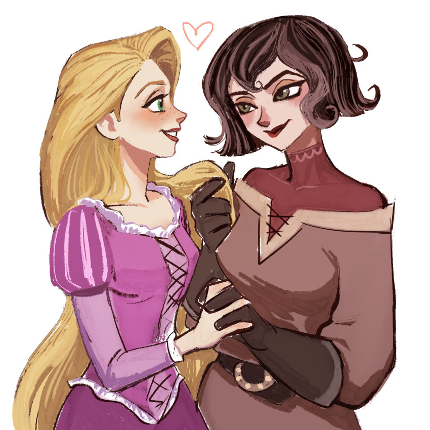 266notre, 2girls, belt, black_hair, blonde_hair, breasts, brown_shirt, cassandra_(tangled)