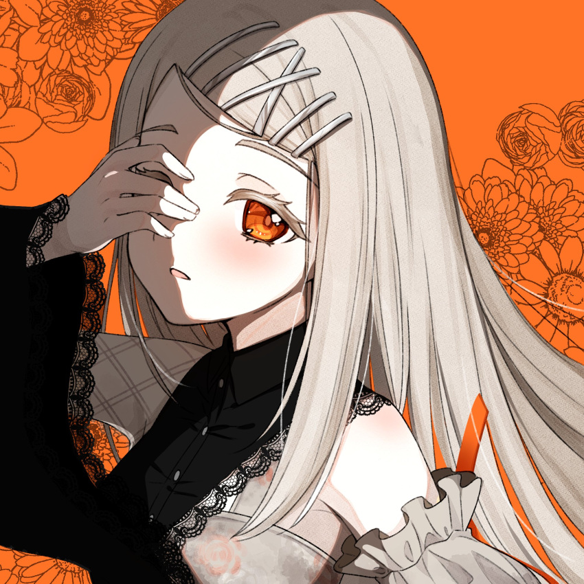 1girl, black_dress, blush, c7_master, colored_eyelashes, commentary, contrast_(idolmaster), covering_one_eye