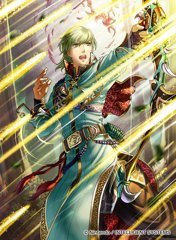1boy, bow_(weapon), commentary_request, company_name, fire_emblem, fire_emblem:_the_sacred_stones, fire_emblem_cipher, green_eyes