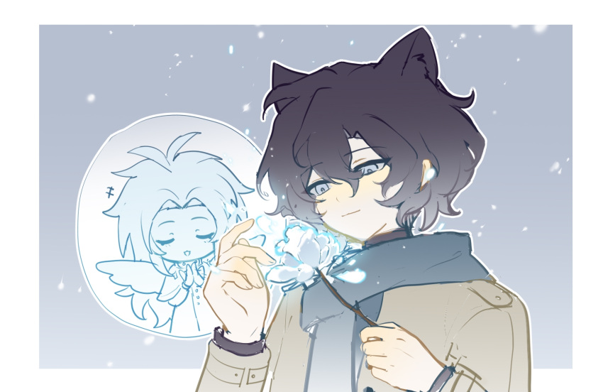 +++, 2boys, antenna_hair, black_hair, black_shirt, blue_scarf, border, brown_jacket