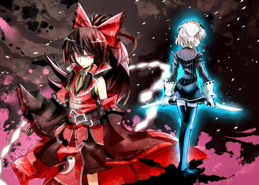 alternate_costume, back-to-back, bare_shoulders, battle_aura, black_legwear, black_thighhighs, blue_eyes, brown_hair