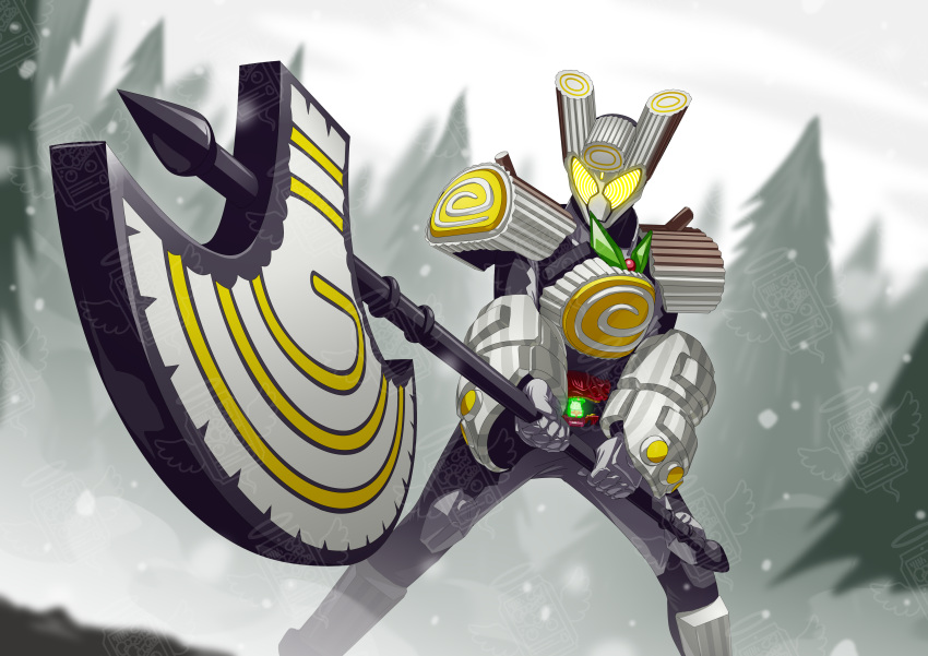 1boy, absurdres, armor, axe, battle_axe, belt, bushuel, cake