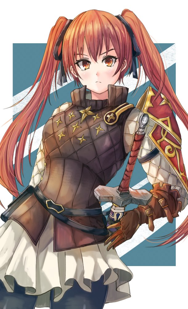 armor, belt, black_belt, closed_mouth, commentary, fire_emblem, fire_emblem_awakening, fire_emblem_fates, frown, fuussu_(21-kazin), gambeson, gloves, hair_ribbon, hand_on_weapon, leather, leather_gloves, looking_at_viewer, multiple_belts, number-only_commentary, red_eyes, redhead, ribbon, selena_(fire_emblem_fates), severa_(fire_emblem), shoulder_armor, skirt, sword, tsundere, twintails, weapon