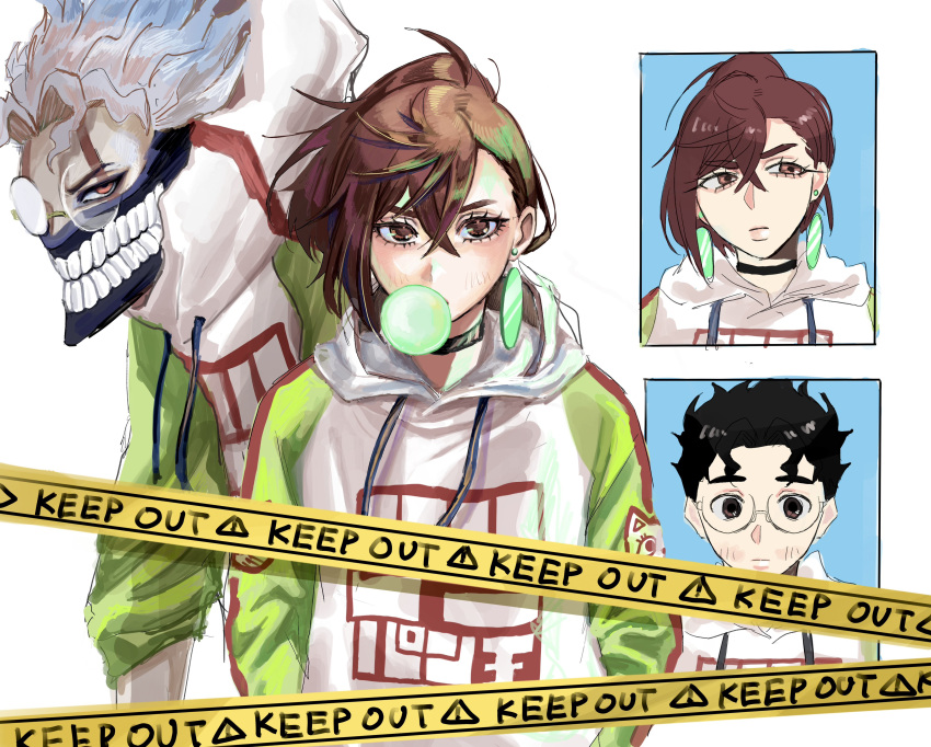1boy, 1girl, absurdres, alternate_form, ayase_momo, black_hair, brown_hair, chewing_gum, dandadan, earrings, english_text, facial_mark, glasses, highres, jacket, jewelry, mask, mouth_mask, okmmjump, round_eyewear, takakura_ken_(dandadan), tall_hair, transformation, white_background, white_hair