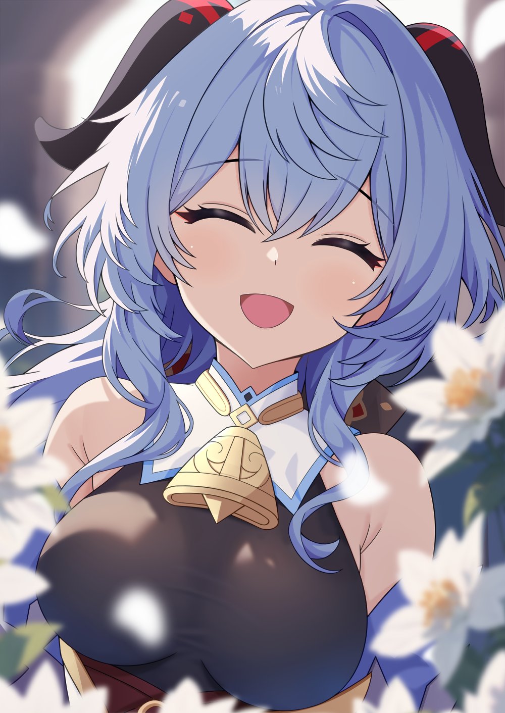 1girl, arch, armpit_crease, bare_shoulders, blue_hair, blurry, blurry_background, blurry_foreground
