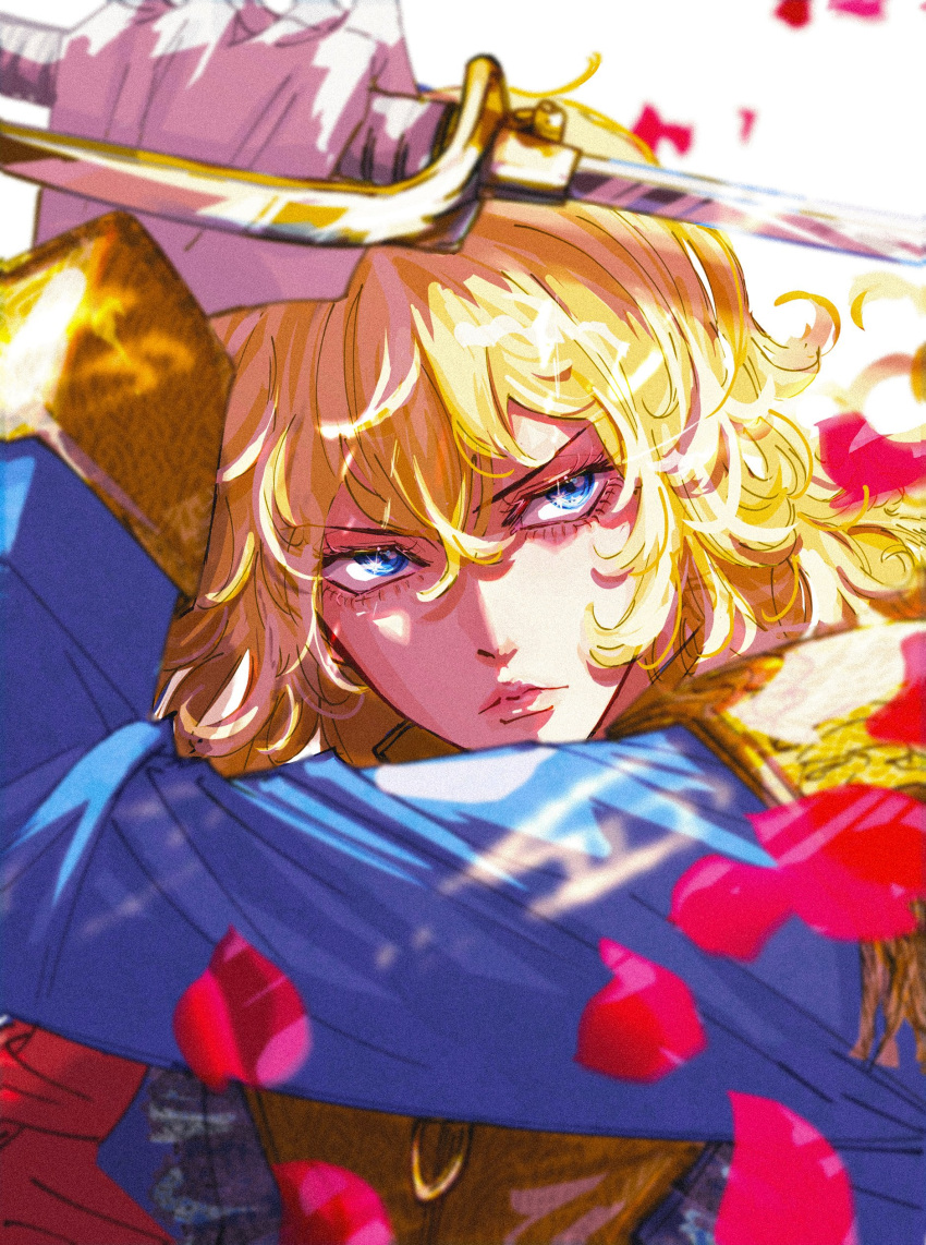 1girl, absurdres, arm_up, blonde_hair, blue_eyes, closed_mouth, commentary_request, epaulettes, falling_petals, gloves, hair_between_eyes, highres, holding, holding_sword, holding_weapon, jacket, long_hair, long_sleeves, looking_to_the_side, mizukitoro2, oscar_francois_de_jarjayes, petals, red_petals, solo, sword, versailles_no_bara, weapon, white_gloves