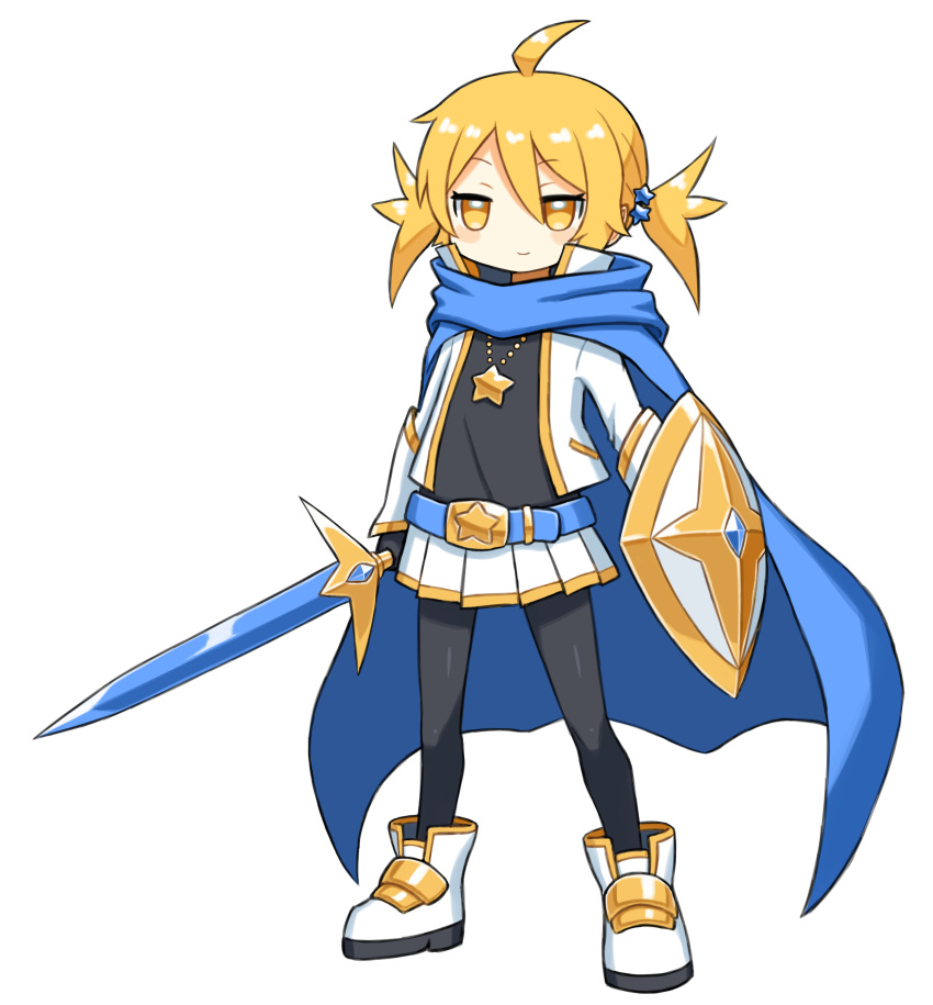 1girl, absurdres, ahoge, belt, belt_buckle, black_gloves, black_pantyhose, black_shirt, blonde_hair, blue_belt, blue_cape, blush_stickers, buckle, cape, closed_mouth, commentary_request, derurago, full_body, gloves, hair_ornament, high_tops, highres, holding, holding_shield, holding_sword, holding_weapon, jacket, jewelry, long_sleeves, necklace, no_nose, open_clothes, open_jacket, original, pantyhose, pleated_skirt, shield, shirt, shoes, short_hair, short_twintails, simple_background, skirt, smile, sneakers, solo, standing, star_(symbol), star_hair_ornament, star_necklace, sword, twintails, weapon, white_background, white_footwear, white_jacket, white_skirt, yellow_eyes