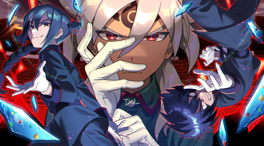 3boys, baddap_sleed, blue_hair, blue_jacket, blue_pants, braid, dark-skinned_male, dark_skin