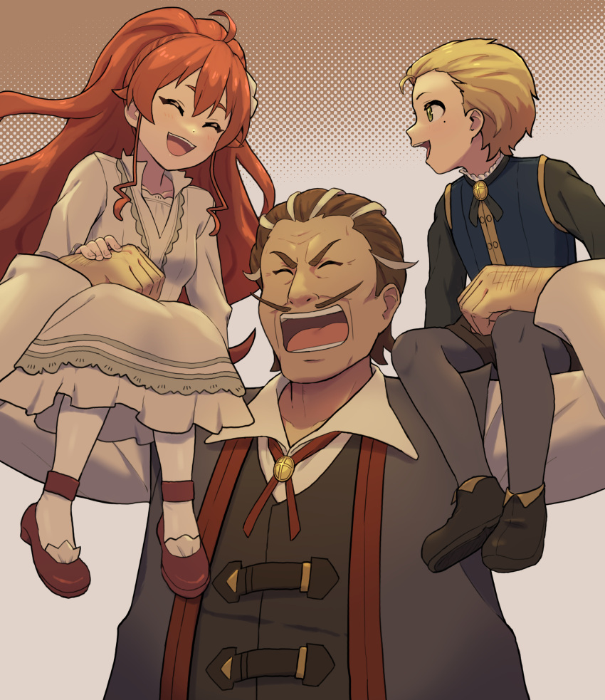1girl, 2boys, age_difference, blonde_hair, brown_hair, closed_eyes, commission, dress, eris_greyrat, facial_hair, grandfather_and_granddaughter, green_eyes, hair_slicked_back, halftone, halftone_background, highres, long_hair, multicolored_hair, multiple_boys, mushoku_tensei, mustache, open_mouth, pixiv_commission, redhead, rudeus_greyrat, sauros_boreas_greyrat, short_hair, simple_background, sitting_on_shoulder, smile, streaked_hair, urin_(littleurin), vest, white_dress