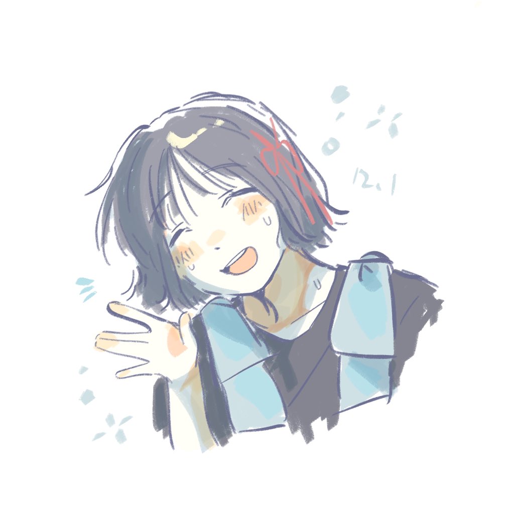 1girl, 3rd_live_tour_try_tri_unity!!!, :d, \||/, ^_^, black_hair, black_shirt, blush, closed_eyes, collarbone, commentary, cropped_shoulders, dated, facing_viewer, flower_knot, hashtag-only_commentary, link!_like!_love_live!, love_live!, notice_lines, open_mouth, sakurai_hina, shirt, short_hair, simple_background, smile, solo, squeans, sweatdrop, t-shirt, teeth, towel, towel_around_neck, upper_teeth_only, voice_actor, white_background, woodonly