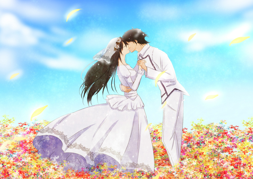 bridal_veil, closed_eyes, dress, eyes_closed, flower_field, gundam, gundam_00, kiss, marina_ismail, petals, ren_(palette), setsuna_f_seiei, veil, wedding_dress, wind, wind_lift