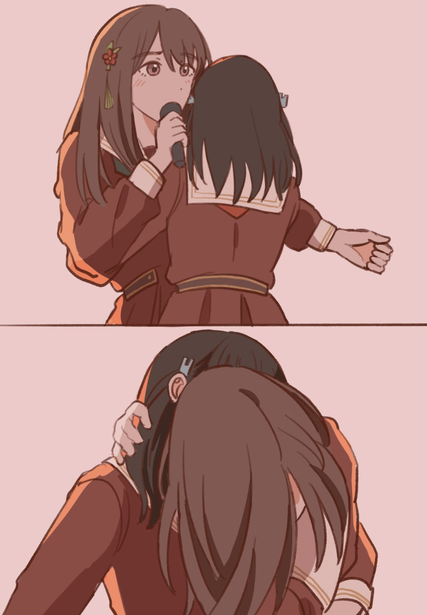 2girls, 3rd_live_tour_try_tri_unity!!!, animification, black_hair, blush, brown_dress, brown_eyes, brown_hair