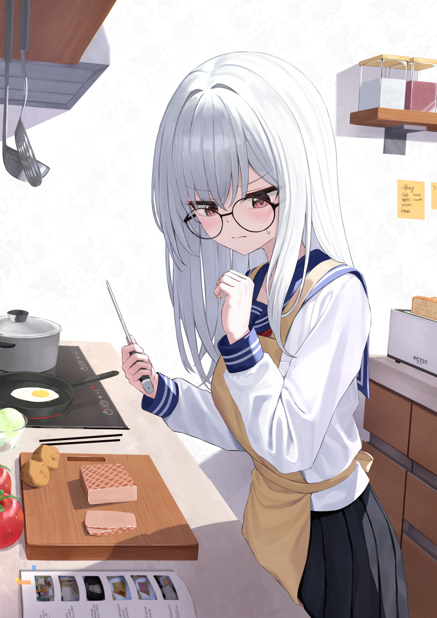 1girl, absurdres, akame_(akame_ga_kill!), akame_(ginga_nagareboshi_gin), apron, black-framed_eyewear, black_sailor_collar, black_skirt, blue_sailor_collar, blush, closed_mouth, cooking, egg, food, frying_pan, glasses, highres, holding, indoors, kitchen, kurone_(kurone_ryuo), long_hair, long_sleeves, original, pleated_skirt, red_eyes, sailor_collar, school_uniform, serafuku, shirt, skirt, solo, tomato, white_hair, white_shirt