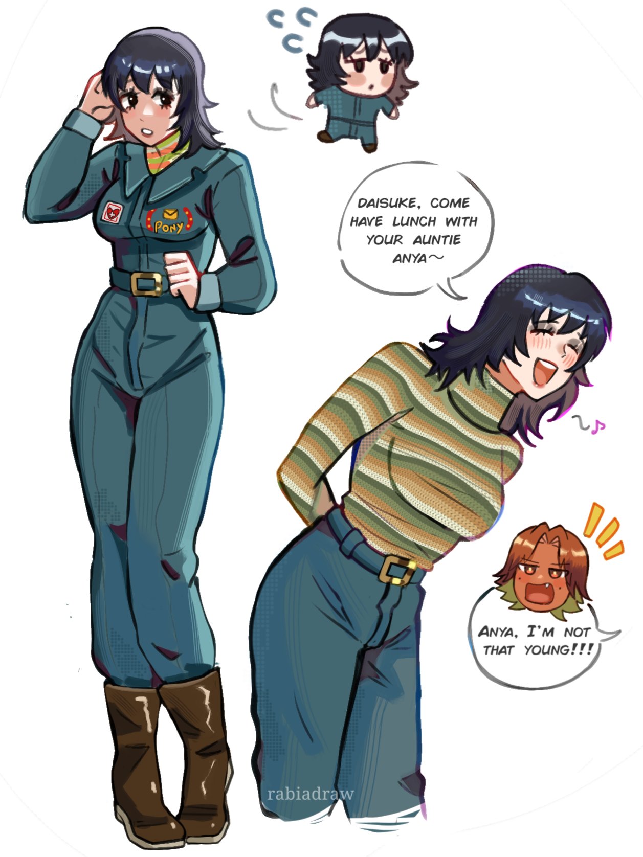 1boy, 1girl, anya_(mouthwashing), black_eyes, black_hair, blue_jumpsuit, brown_hair, chibi, daisuke_(mouthwashing), highres, jumpsuit, long_hair, long_sleeves, looking_at_viewer, medium_hair, mouthwashing, open_mouth, rabiadraw, shirt, short_hair, simple_background, smile, striped_clothes, white_background