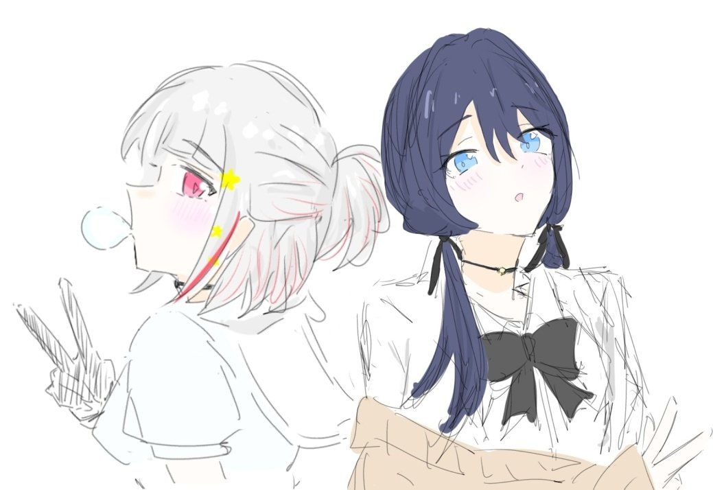2girls, alternate_universe, black_bow, black_bowtie, black_choker, black_gloves, black_ribbon, blowing_bubbles