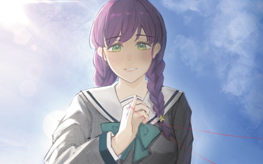 1girl, aqua_bow, aqua_bowtie, blue_sky, blush, bow, bowtie, braid