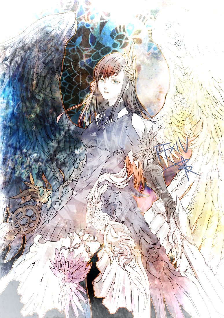 1girl, aqua_eyes, asymmetrical_wings, black_dress, black_hair, black_wings, copyright_name, dress