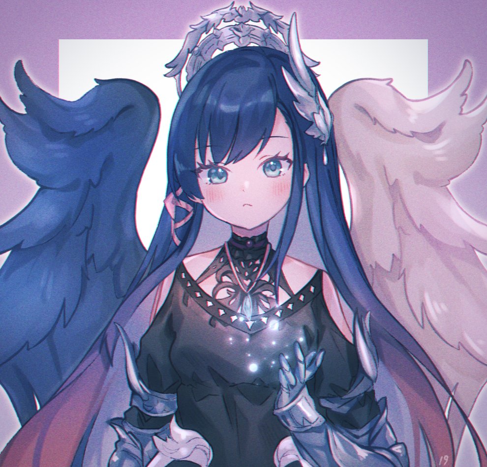 asymmetrical_wings, black_dress, black_hair, black_wings, blue_eyes, clothing_cutout, dress, feather_hair_ornament