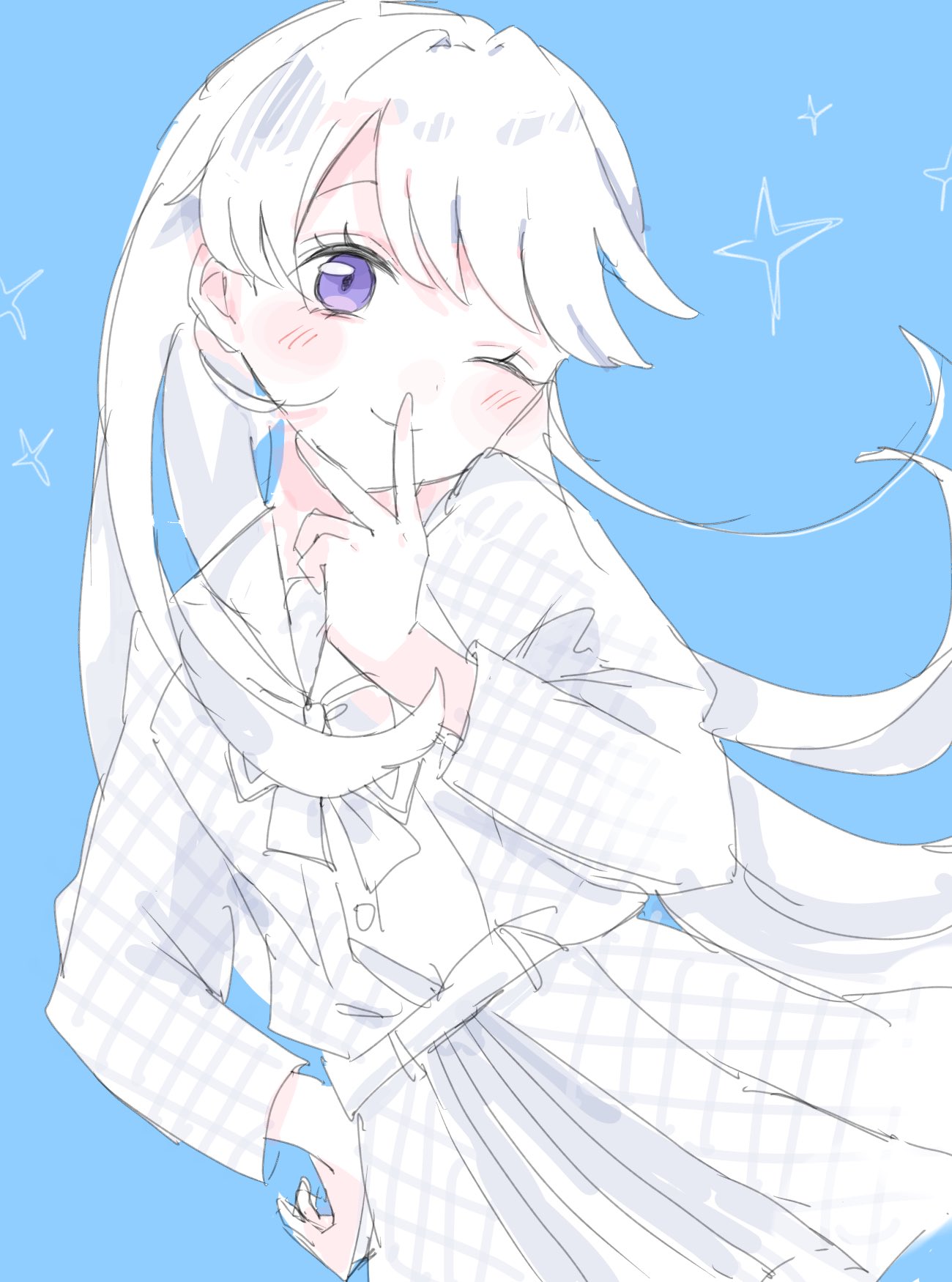 1girl, ;), blue_background, blush, bow, bowtie, commentary_request, cowboy_shot