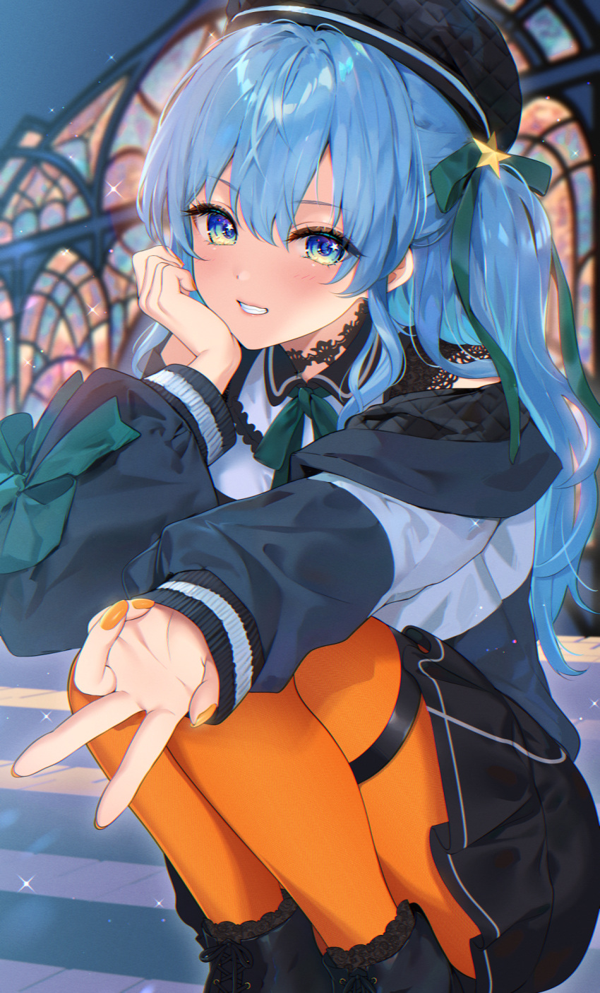 ankle_boots, beret, black_choker, black_dress, black_footwear, black_hat, blue_eyes, blue_hair