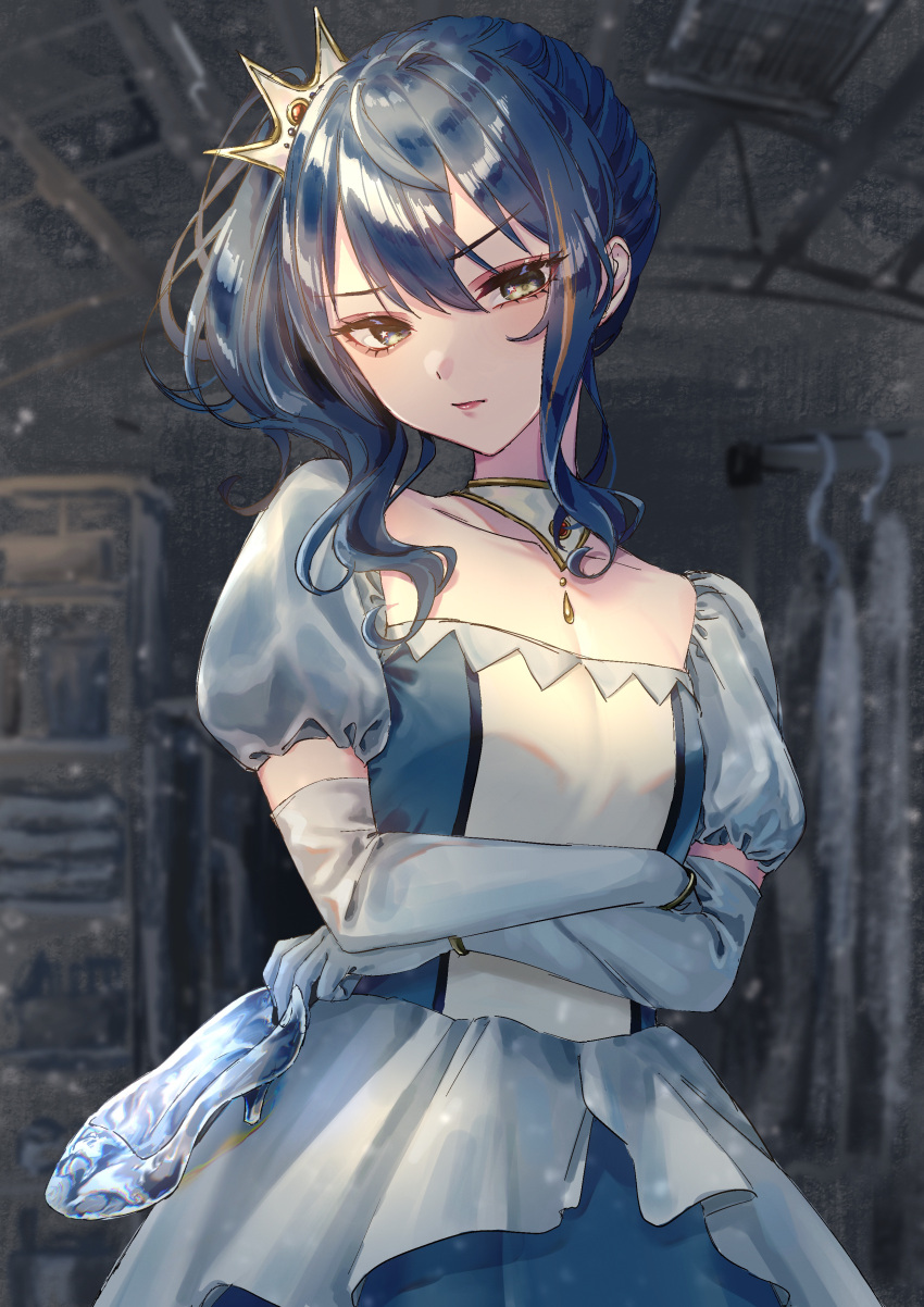 absurdres, bibbidiba_(hololive), blue_dress, blue_eyes, blue_hair, breasts, choker, crown