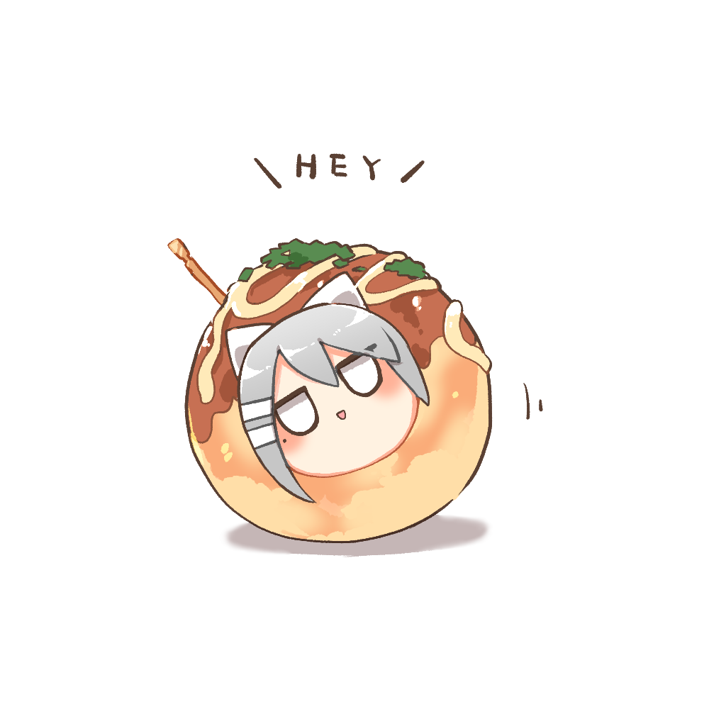 :d, blank_eyes, blush, bow, chibi, english_text, food, grey_hair, hair_between_eyes, hair_bow, higuchi_kaede, in_food, jitome, kaede-chan_(higuchi_kaede), looking_at_viewer, mini_person, minigirl, mito_and_kaede, mole, mole_under_eye, nijisanji, rebecca_(keinelove), shadow, simple_background, smile, takoyaki, virtual_youtuber, white_background, white_bow
